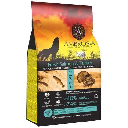 AMBROSIA GRAIN FREE DOG ADULT MINI SENIOR LIGHT STERILISED FRESH SALMON & TURKEY 1.5KG
