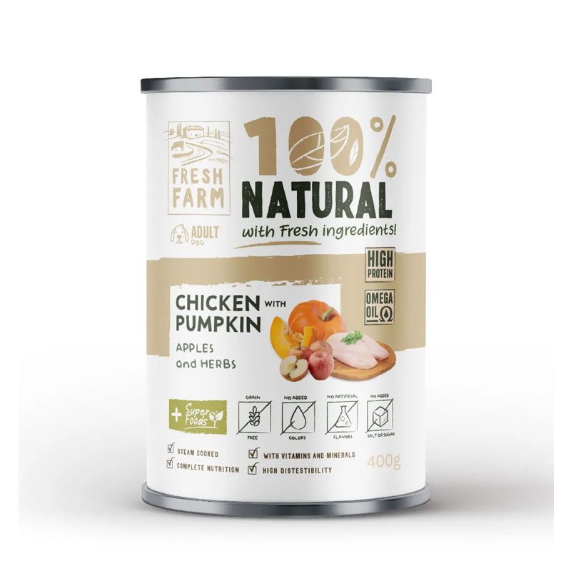 FRESH FARM 100% ΥΓΡΗ ΤΡΟΦΗ ΣΚΥΛΟΥ ΜΕ ΚΟΤΟΠΟΥΛΟ & ΚΟΛΟΚΥΘΑ 400G