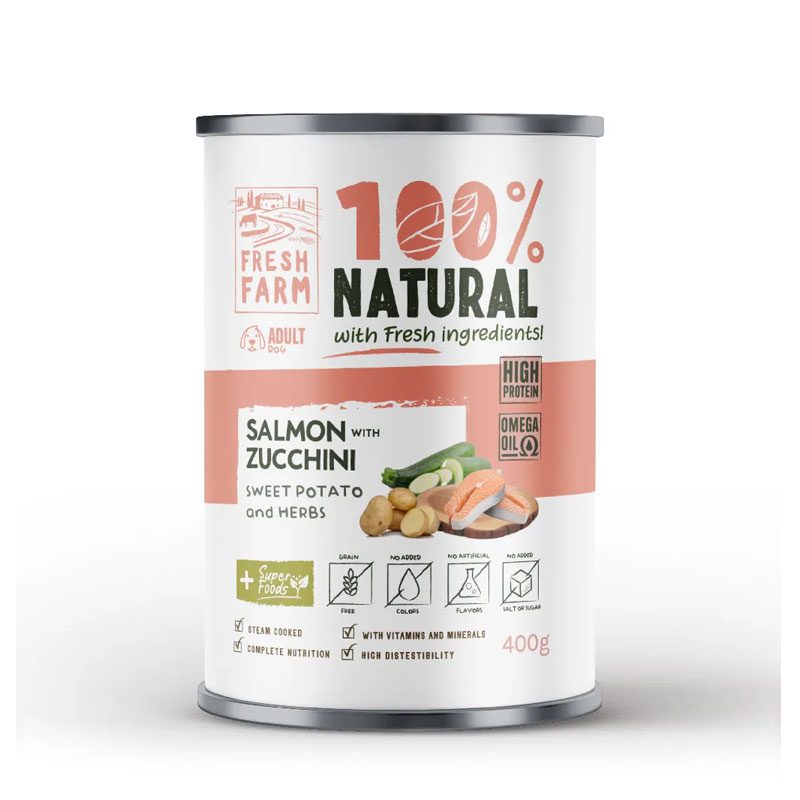 FRESH FARM 100% ΥΓΡΗ ΤΡΟΦΗ ΣΚΥΛΟΥ ΜΕ ΣΟΛΟΜΟ & ΚΟΛΟΚΥΘΑ 400G