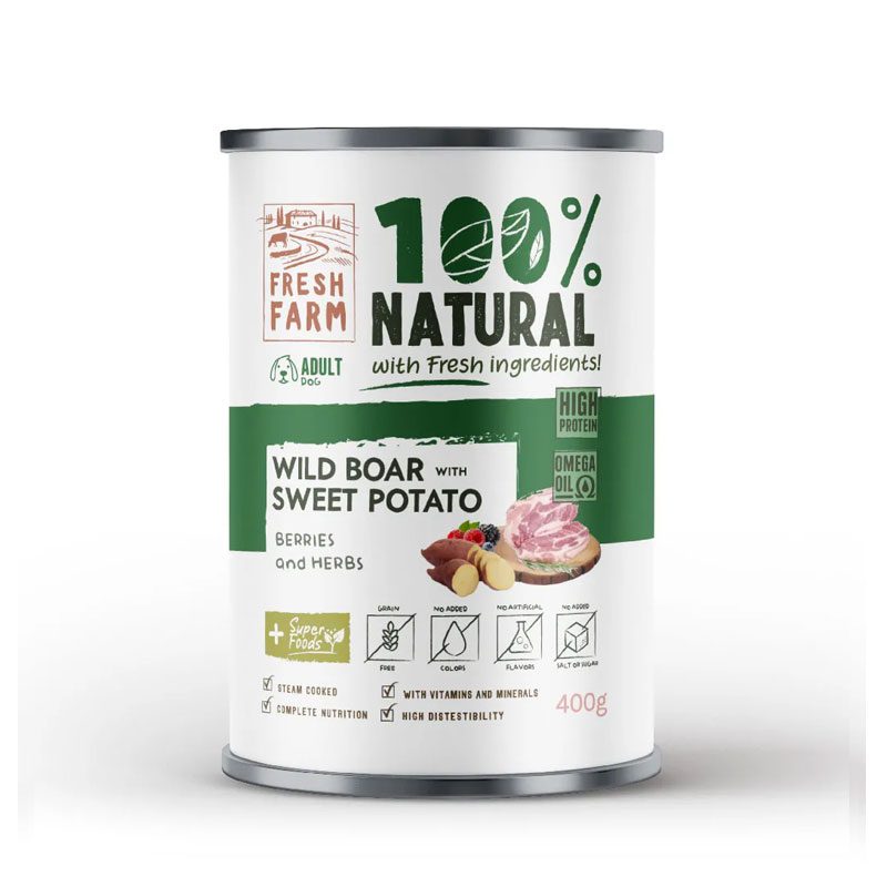 FRESH FARM 100% ΥΓΡΗ ΤΡΟΦΗ ΣΚΥΛΟΥ ΜΕ ΑΓΡΙΟΧΟΙΡΟ & ΓΛΥΚΟΠΑΤΑΤΑ 400G