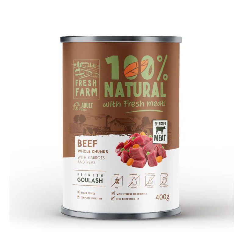 FRESH FARM 100% ΥΓΡΗ ΤΡΟΦΗ ΣΚΥΛΟΥ ΜΕ ΚΟΜΜΑΤΙΑ ΜΟΣΧΑΡΙ & ΚΑΡΟΤΟ 400G