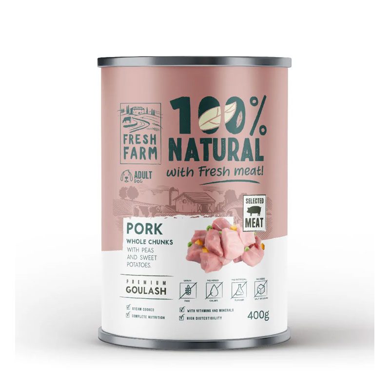 FRESH FARM 100% ΥΓΡΗ ΤΡΟΦΗ ΣΚΥΛΟΥ ΜΕ ΚΟΜΜΑΤΙΑ ΧΟΙΡΙΝΟ & ΑΡΑΚΑ 400G