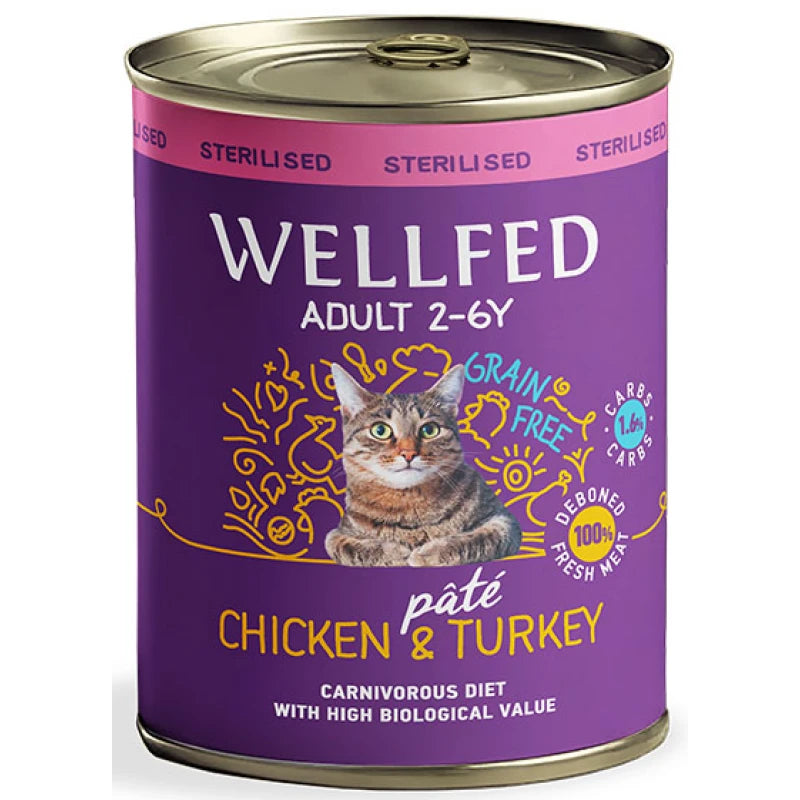 WELLFED ΚΟΝΣΕΡΒΑ ΓΑΤΑΣ ADULT STERILISED ΚΟΤΟΠΟΥΛΟ & ΓΑΛΟΠΟΥΛΑ 400G
