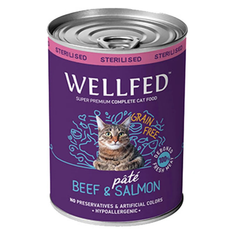 WELLFED ΚΟΝΣΕΡΒΑ ΓΑΤΑΣ ADULT STERILISED ΒΟΔΙΝΟ & ΣΟΛΟΜΟΣ 400G