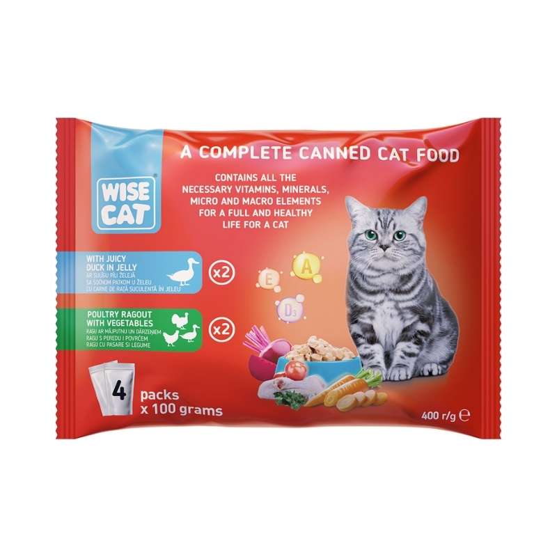 WISE CAT WITH JUICY DUCK IN JELLY & POULTRY RAGOUT WITH VEGETABLES 4X100GR