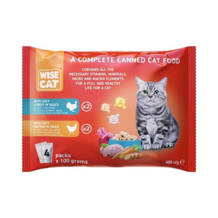 WISE CAT WITH JUICY TURKEY IN SAUCE & JUICY CHICKEN IN SAUCE 4X100GR