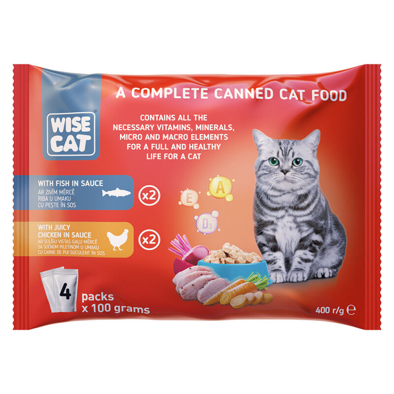 WISE CAT FISH IN SAUCE & JUICY CHICKEN IN SAUCE 4X100GR