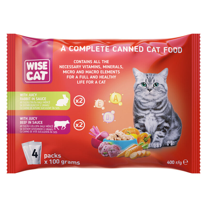 WISE CAT WITH JUICY RABIT IN SAUCE & JUICY BEEF IN SAUCE 4X100GR