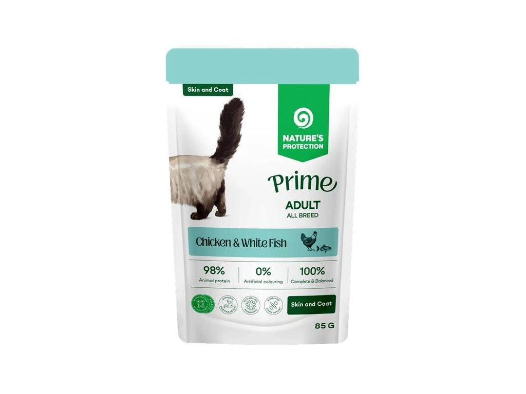 NATURE'S PROTECTION PRIME POUCH CAT SKIN&COAT CHICKEN+WHITE FISH 85GR