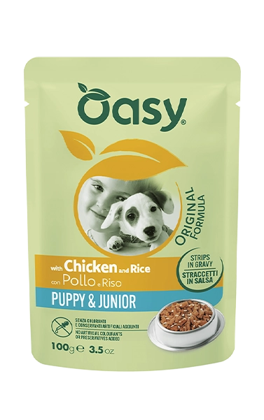 OASY DOG STRIPS IN GRAVY PUPPY & JUNIOR ΚΟΤΟΠΟΥΛΟ & ΡΥΖΙ 100G
