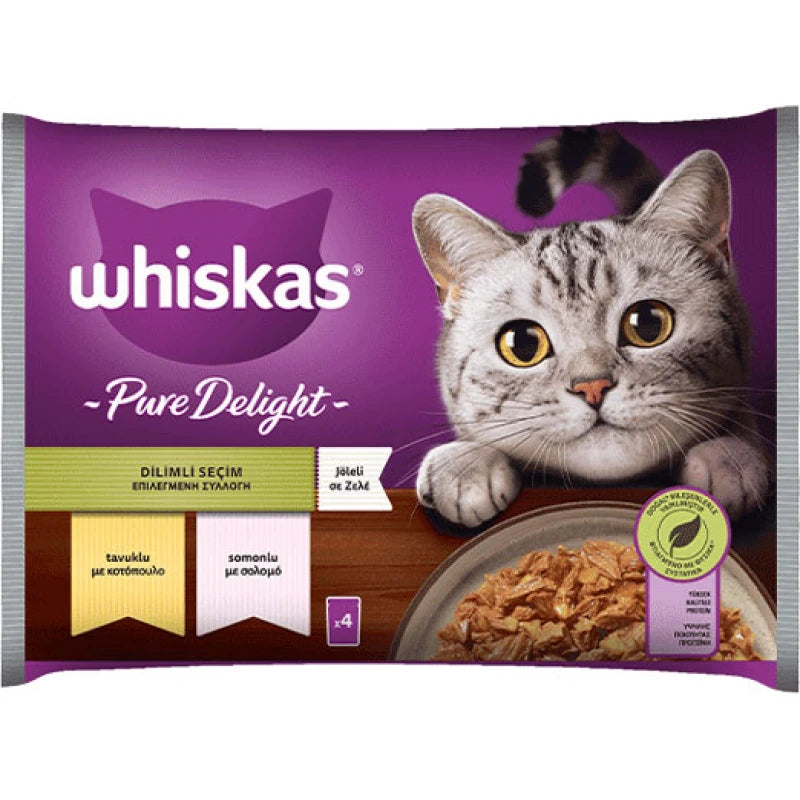 WHISKAS PURE DELIGHT ADULT ΠΟΛΥΣΥΣΚΕΥΑΣΙΑ ΤΡΥΦΕΡΑ ΚΟΜΜΑΤΙΑ ΚΟΤΟΠΟΥΛΟ & ΣΟΛΟΜΟ ΣΕ ΖΕΛΕ 4X85G