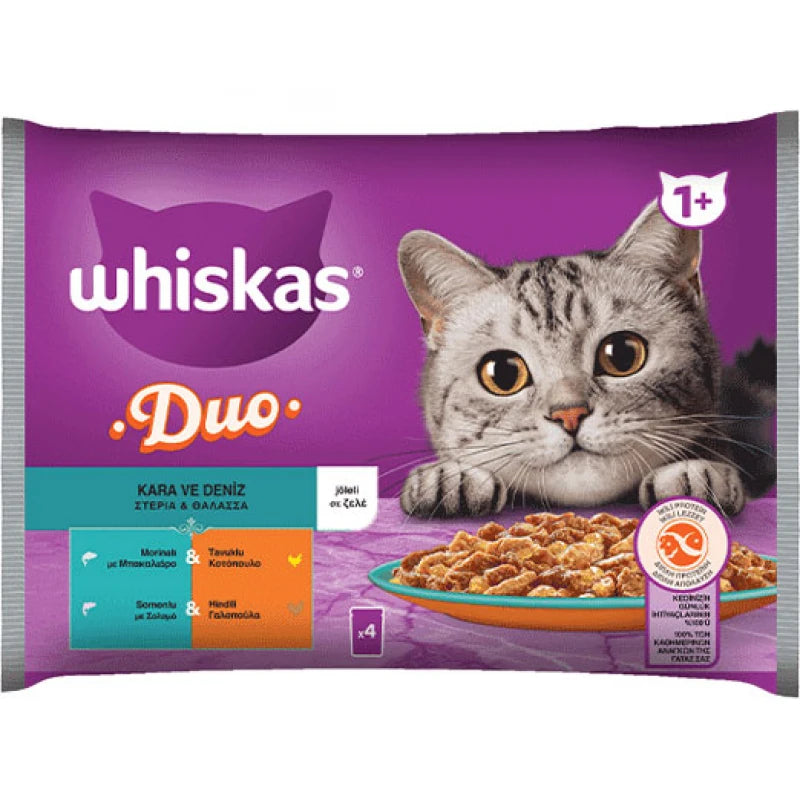 WHISKAS DUO ADULT ΣΤΕΡΙΑ-ΘΑΛΑΣΣΑ ΜΠΑΚΑΛΙΑΡΟΣ-ΚΟΤΟΠΟΥΛΟ/ΣΟΛΟΜΟΣ-ΓΑΛΟΠΟΥΛΑ ΣΕ ΖΕΛΕ 4X85G