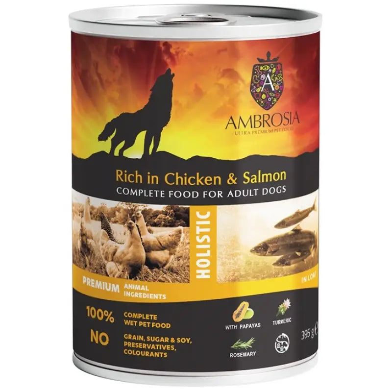 AMBROSIA GRAIN FREE ΥΓΡΗ ΤΡΟΦΗ ΣΚΥΛΟΥ ADULT CHICKEN & SALMON WITH PAPAYAS 395G