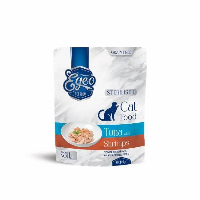 EGEO CAT STERILIZED ΤΟΝΟΣ ΜΕ ΓΑΡΙΔΕΣ ΣΕ ΖΕΛΕ POUCH 85G