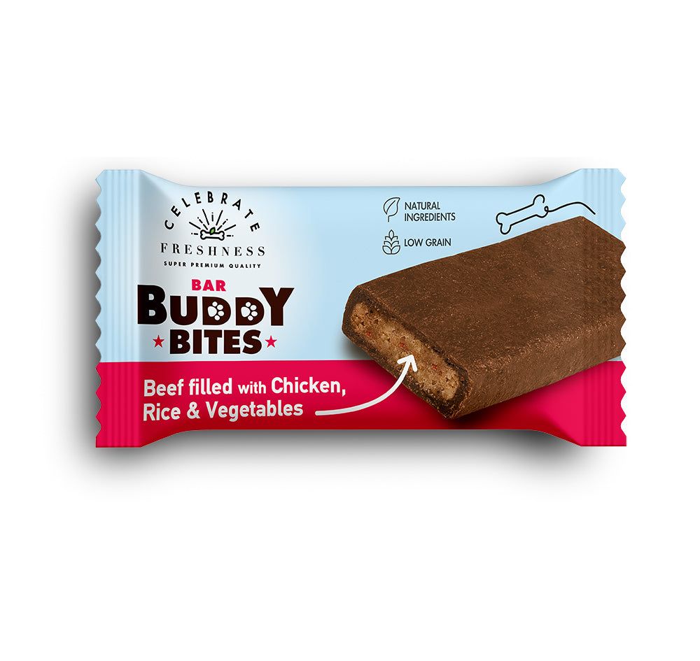 CELEBRATE BAR BUDDY BITES BEEF FILLED WITH CHICKEN, RICE AND VEGETABLES 25-30G