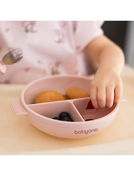 BabyOno: Πιάτο σιλικόνης με 3 θέσεις, καπάκι &amp; βάση με βεντούζα - Ροζ BN1661/02