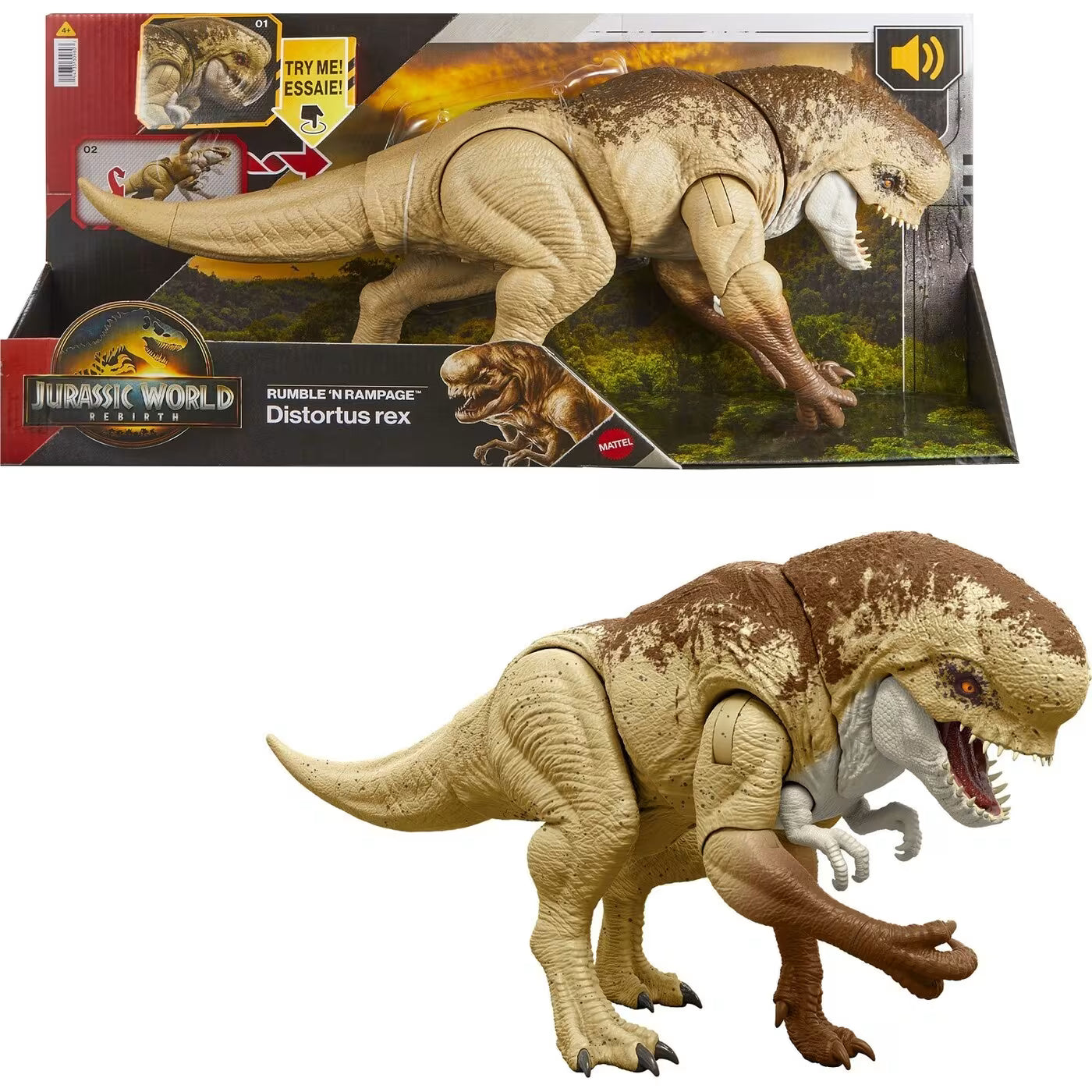 Mattel Jurassic World Rebirth Distortus Rex Κακός Με Λειτουργία Επίθεσης Και Ήχους, 22 Inch Rumble N Rampage Φιγούρα Παιχνιδιού JGB58