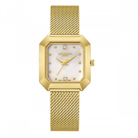 Γυναικείο ρολόι Lee Cooper LC08027.120 με χρυσό μπρασελέ και λευκό φίλντισι καντράν