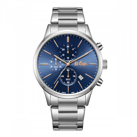 Ανδρικό ρολόι Lee Cooper LC08042.390 με ασημί μπρασελέ και μπλε καντράν