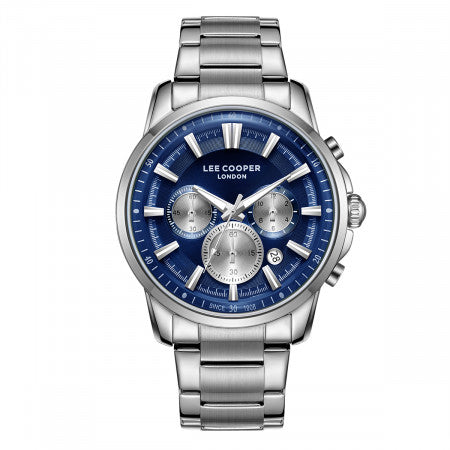 Ανδρικό ρολόι Lee Cooper LC08068.390 με ασημί μπρασελέ και μπλε καντράν