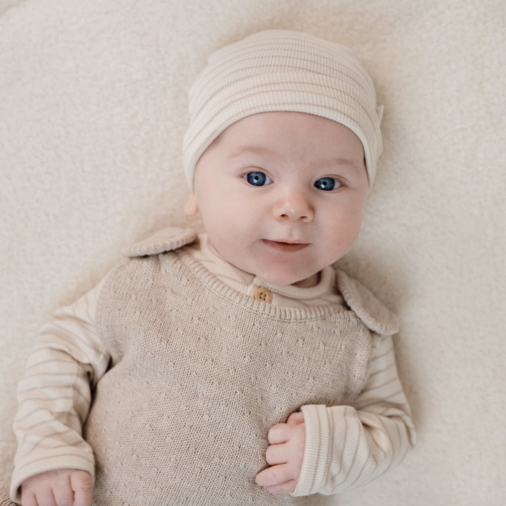LITTLE DUTCH. Σκουφάκι Soft Beige Stripe - Νο 2 (3-6 μηνών)