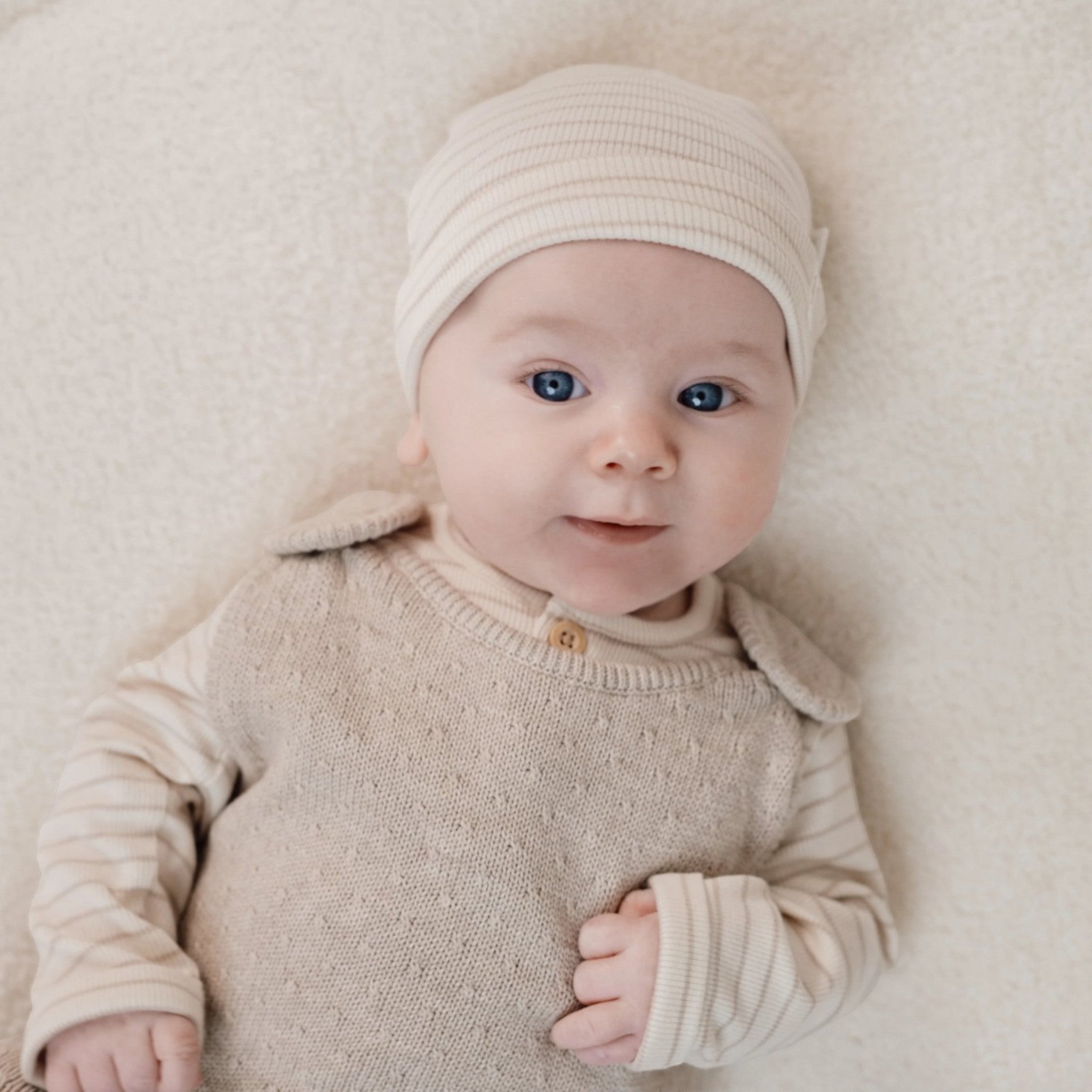 LITTLE DUTCH. Σκουφάκι Soft Beige Stripe - Νο 2 (3-6 μηνών)