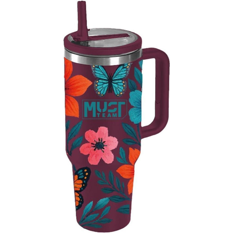 Must Ποτήρι Θερμός Ανοξείδωτο 1.2lt Floral Μωβ με Καλαμάκι