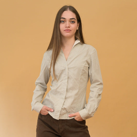 VIN-BLO-24674 Vintage πουκάμισο εκρού με γεωμετρικά σχέδια S
