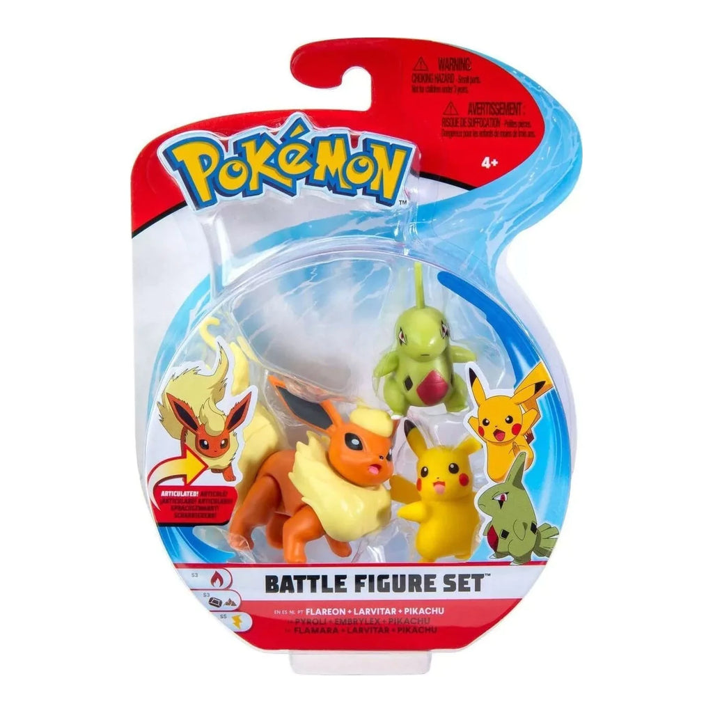 Jazwares Pokemon – Battle Figure Set 3-Pack – Female Pikachu, Larvitar, Flareon