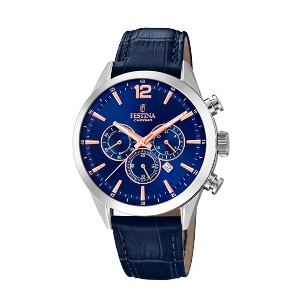 Festina F20542/4 ανδρικό ρολόι χρονογράφος με δερμάτινο λουράκι σε μπλε χρώμα