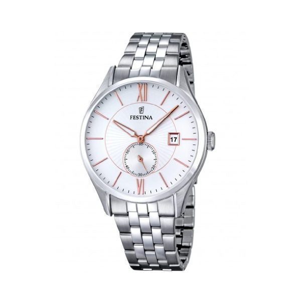 Ρολόι Festina F16871/2 από ανοξείδωτο ατσάλι με λευκό καντράν ροζ δείκτες και ένδειξη ημερομηνίας