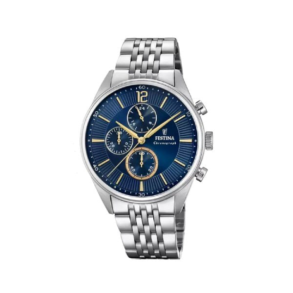 Ανδρικό ρολόι Festina F20285/3 με χρονογράφο από ανοξείδωτο ατάλι και μπλε καντράν