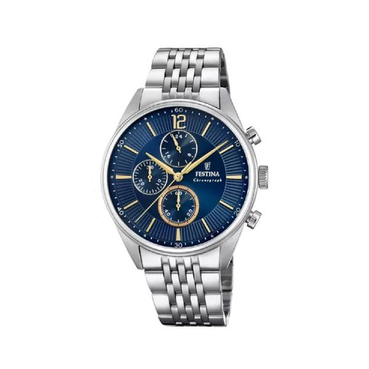Ανδρικό ρολόι Festina F20285/3 με χρονογράφο από ανοξείδωτο ατάλι και μπλε καντράν