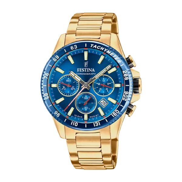 Festina ρολόι χρονογράφος από ανοξείδωτο ατσάλι σε χρυσό χρώμα και μπλε καντράν F20634/3