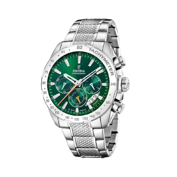 Ρολόι χρονογράφος Festina F20668/3 με λευκό μπρασελέ και πράσινο καντράν