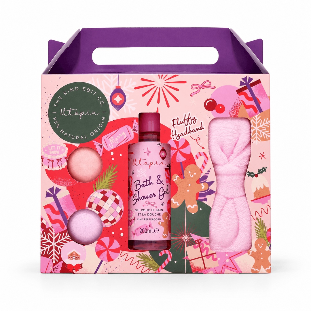 The Kind Edit Co. | Utopia | Pink Peppercorn | Headband Gift Set – Bath & Shower Gel 200ml, 2 x 50g Bath Fizzers & Fluffy Headband | Vegan & PETA-Approved | SU32536