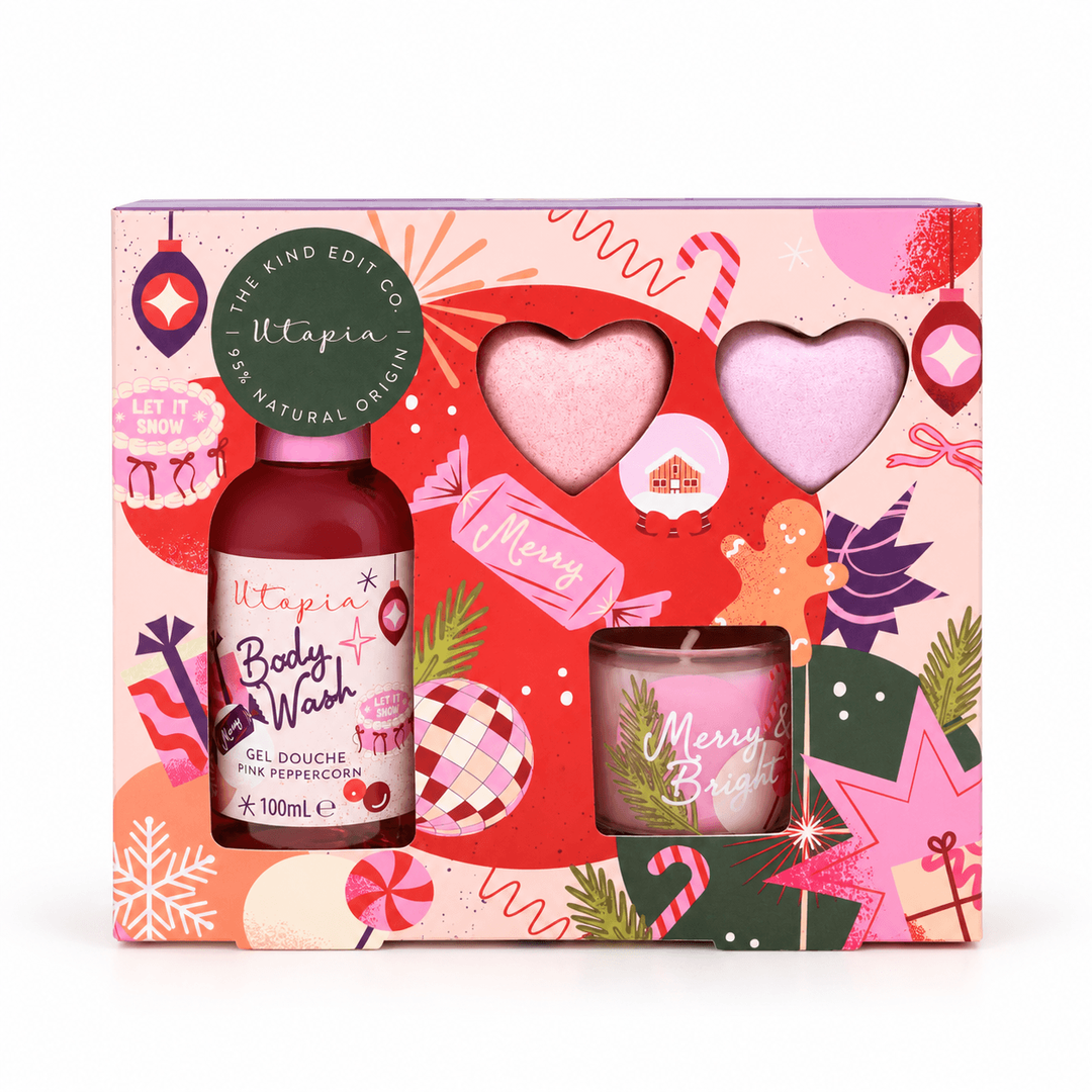 The Kind Edit Co. | Utopia | Pink Peppercorn | Relax & Bathe Gift Set – Body Wash 100ml, 2 x 20g Bath Fizzers & Candle 30g | Vegan & PETA-Approved | SU32461