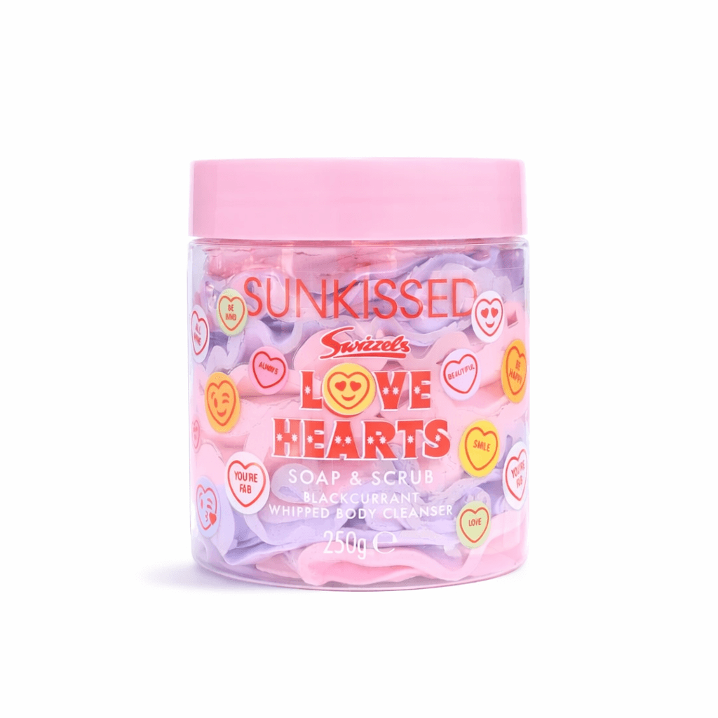 Sunkissed x Love Hearts | Blackcurrant | Soap & Scrub Whipped Body Cleanser 250g | Gently Exfoliating Sweet Cleanse | SU32483