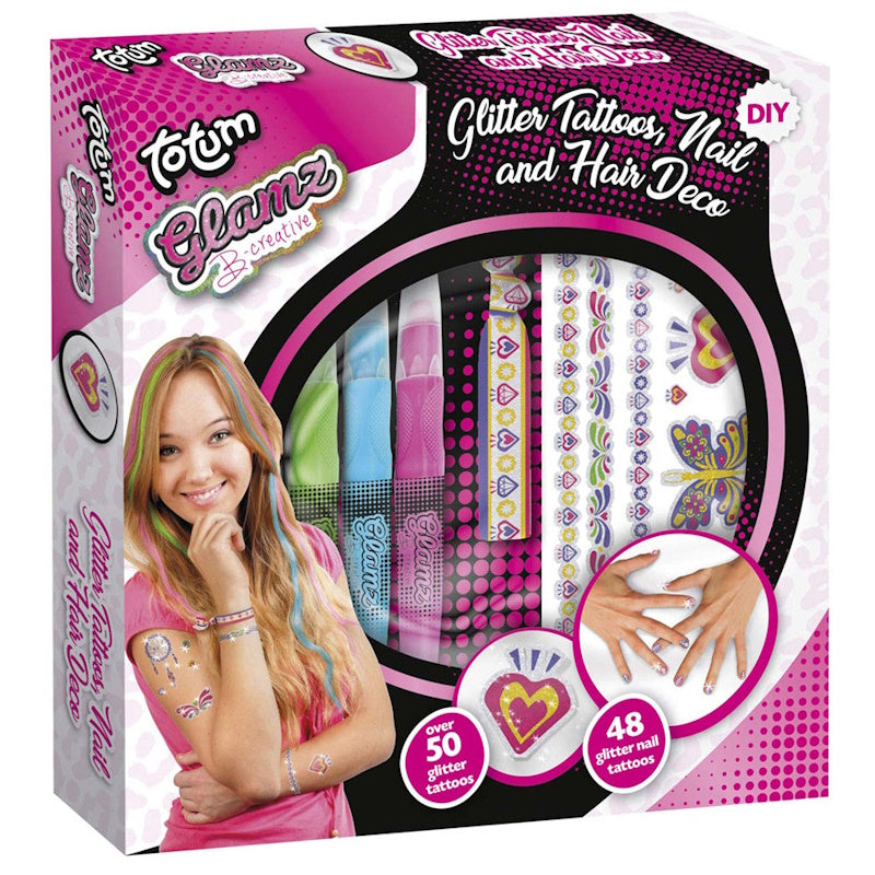Totum Creative Set 3 in 1, Glitter Tattoo, Glitter Tattoo for Nails, and Hair Coloring Pencils