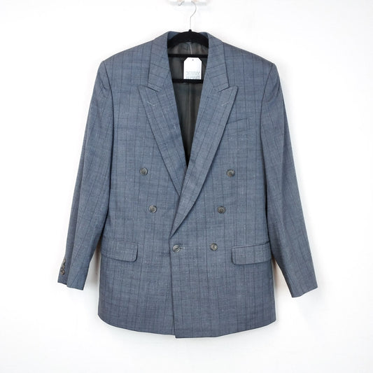 VIN-OUTW-31038 Vintage σακάκι γκρι μπλε λεπτό καρό σταυροκουμπωτό Μ