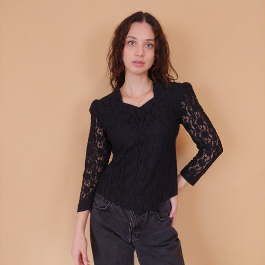 VIN-BLO-32155 Vintage πουκάμισο μαύρο δαντέλα S