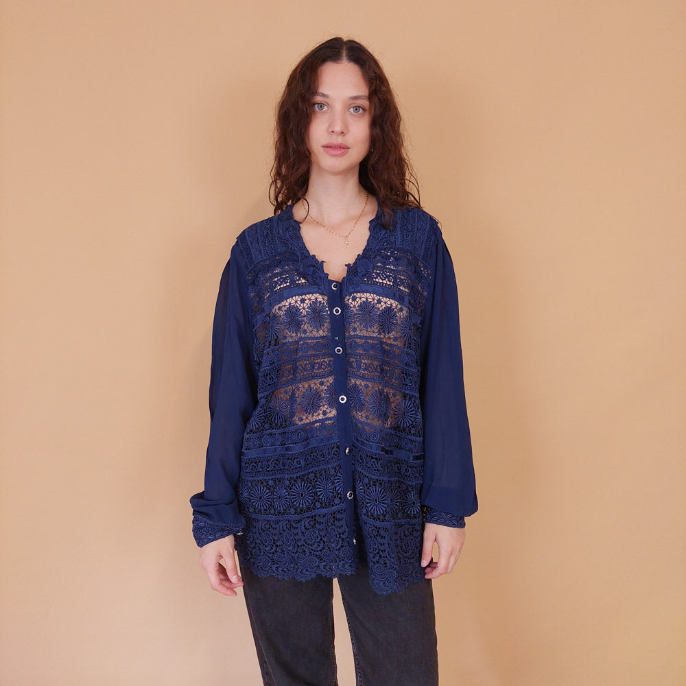 VIN-BLO-32163 Vintage πουκάμισο βισκόζη μπλε δαντέλα L