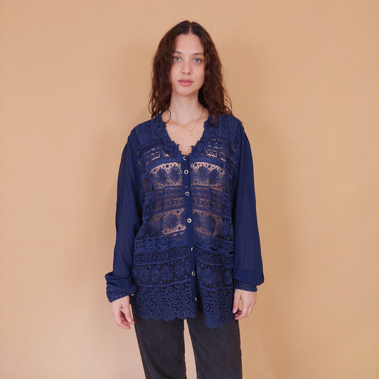 VIN-BLO-32163 Vintage πουκάμισο βισκόζη μπλε δαντέλα L