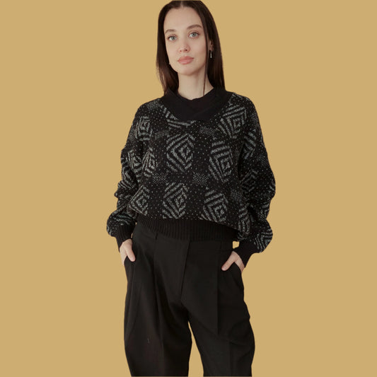 VIN-KNIT-28072 Vintage μπλούζα πλεκτή γκρι S-M