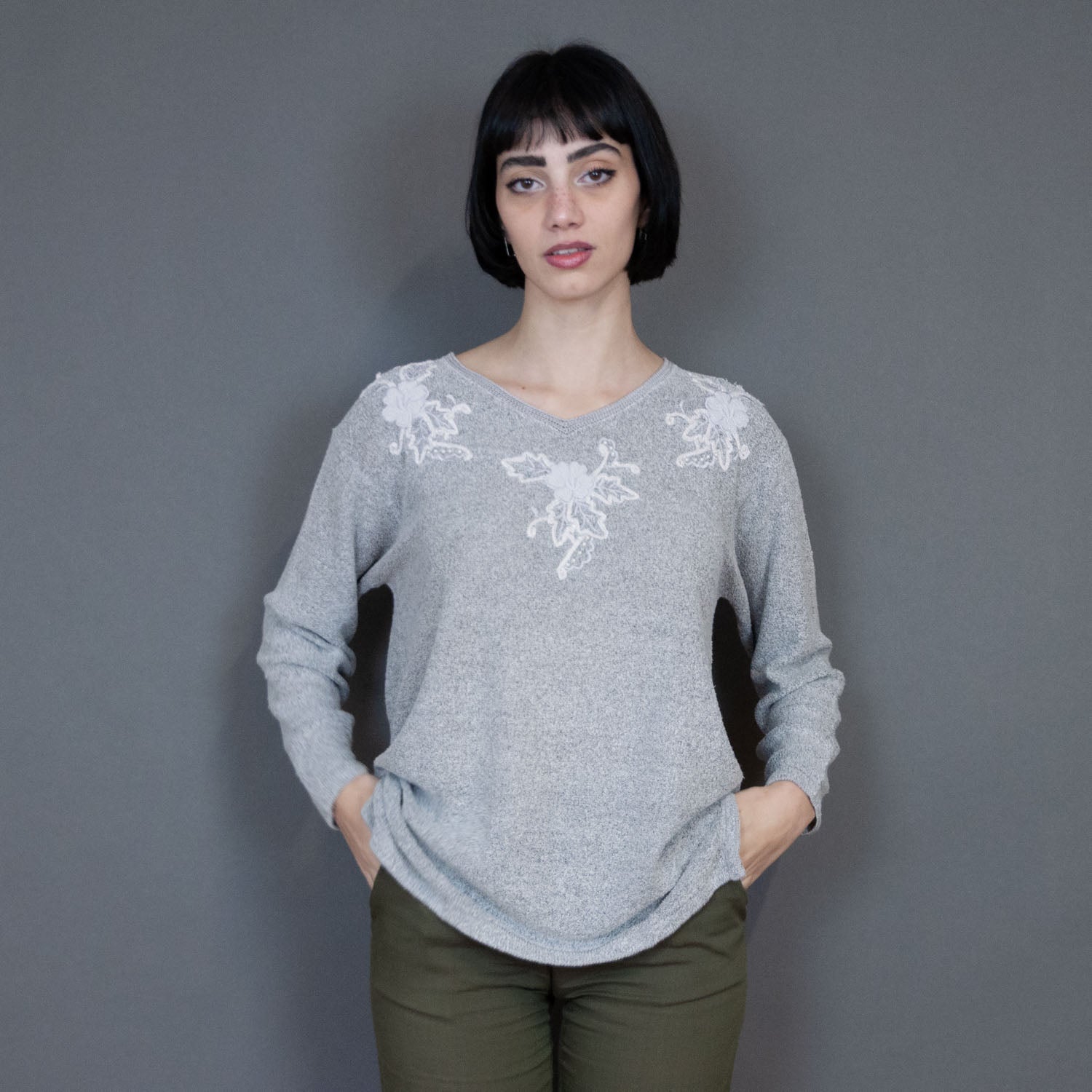 VIN-KNIT-20740 Vintage πλεκτή μπλούζα γκρι M-L