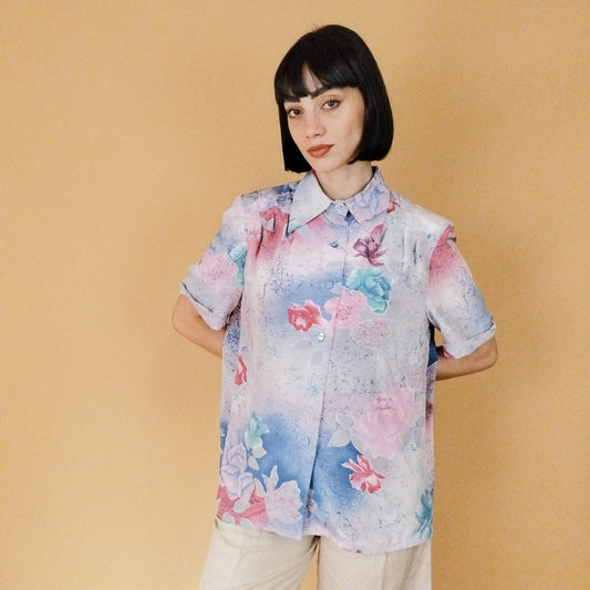 VIN-BLO-27544 Vintage πουκάμισο εμπριμέ ροζ μοβ μπλε Μ-L