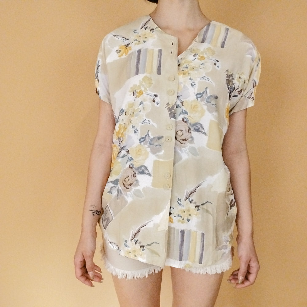 VIN-BLO-27548 Vintage πουκάμισο εμπριμέ μπεζ M-L