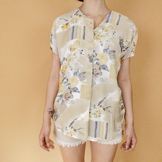 VIN-BLO-27548 Vintage πουκάμισο εμπριμέ μπεζ M-L