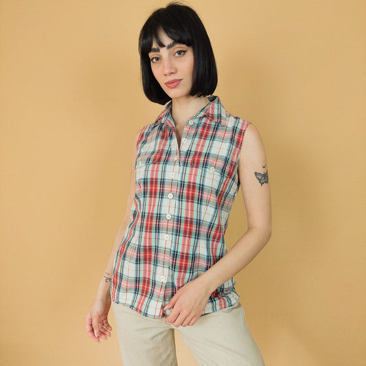 VIN-BLO-27505 Vintage τοπ αμάνικο μεταξωτό καρό M