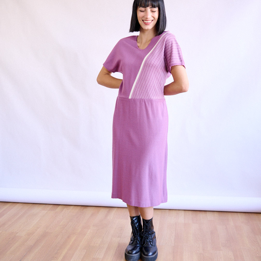 VIN-DR-09945 Vintage φόρεμα ροζ λευκές ρίγες M